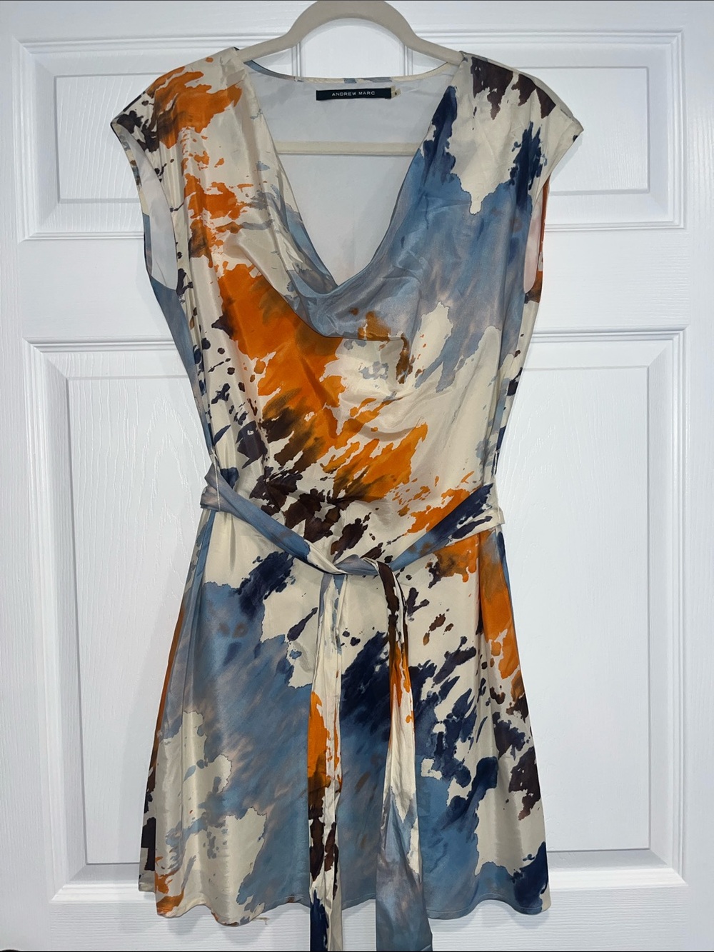 ANDREW MARC - Blue, orange & cream Watercolor Cowl Neck Dress